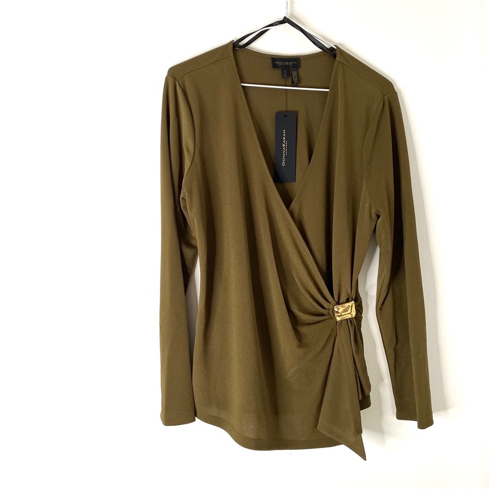 Donna Karan Olive Green Plunge V-Neck Wrap Long Sleeve Blouse NWT